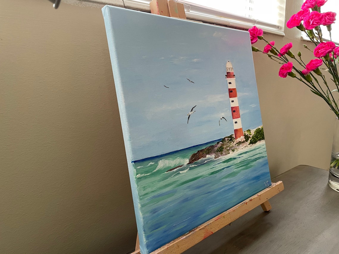 Red White Lighthouse Seaside Seagulls Ocean Nautical Painting Poster - Image 2