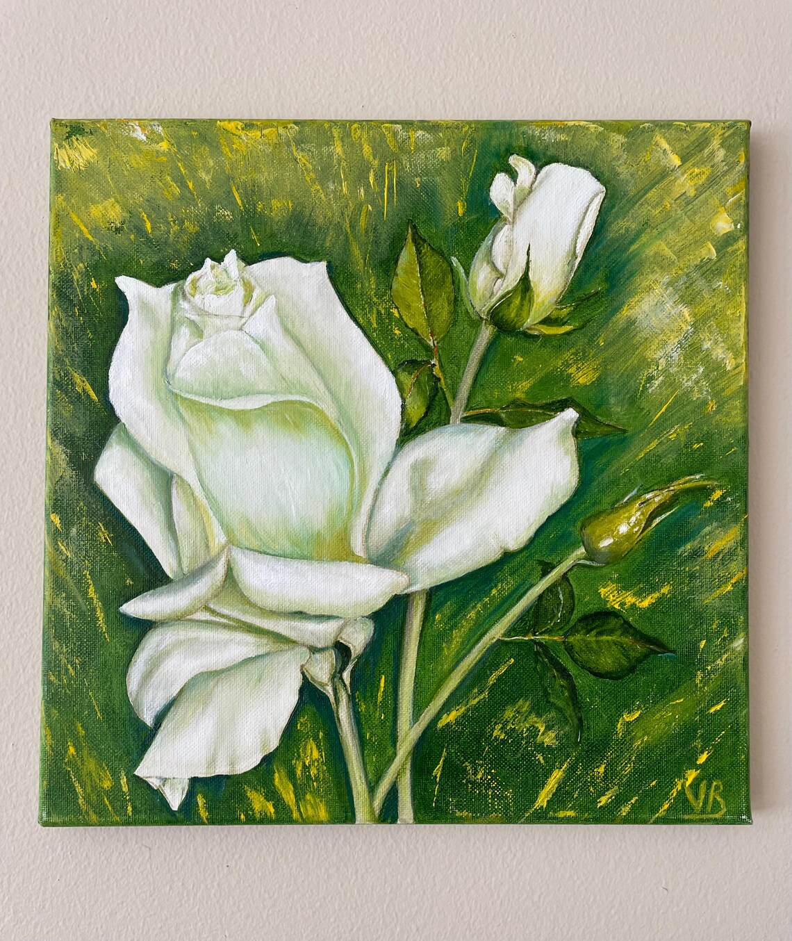 White Roses Buds Deep Green Original Oil Painting Floral Wall Art - Image 4
