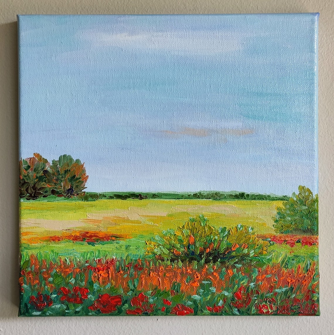 Red Poppy Wildflower Meadow Big Sky Summer Impasto Landscape Poster - Image 3