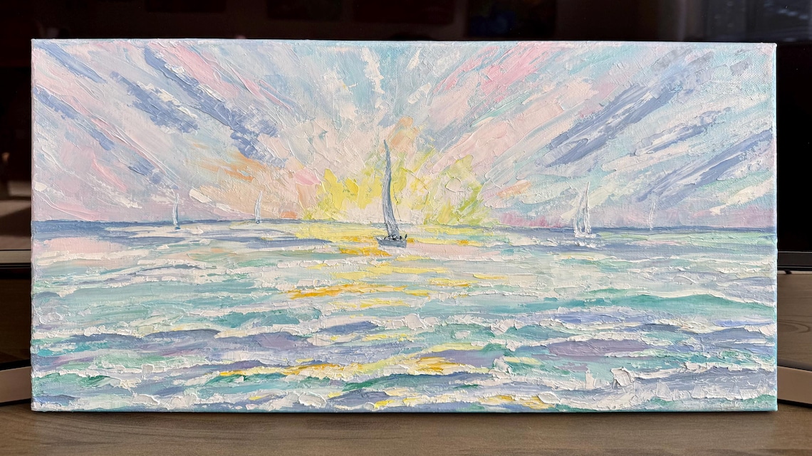 Sailboats Sunrise Seascape Pastel Impasto Nautical Oil Painting Wall Art