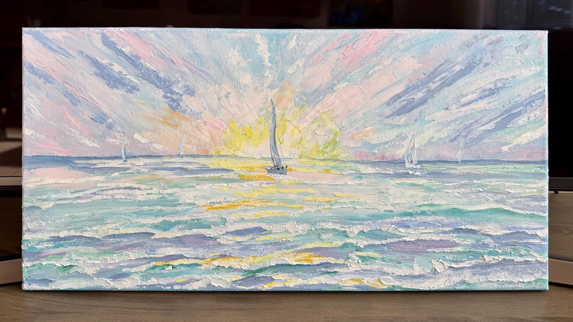 Sunrise Seascape Sailboats Original Handmade Oil Painting On 20x10 Nautical Palette Knife Abstract Painting One Of A Kind Gift