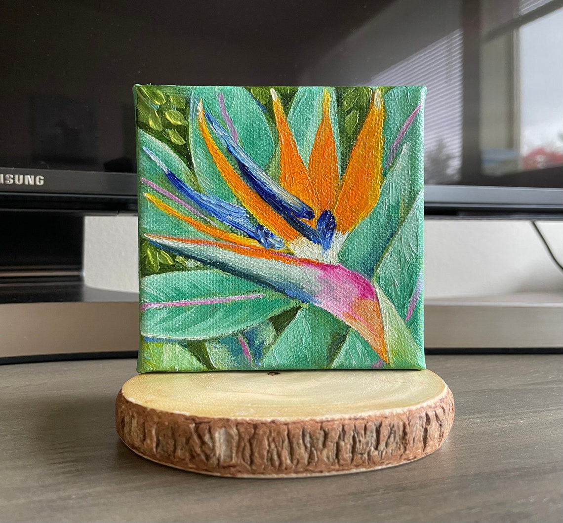 Bird Of Paradise Tropical Flower Original Handmade Oil Painting On Hawaiian Flowers Art Painting Gallery Wall Art - Image 4
