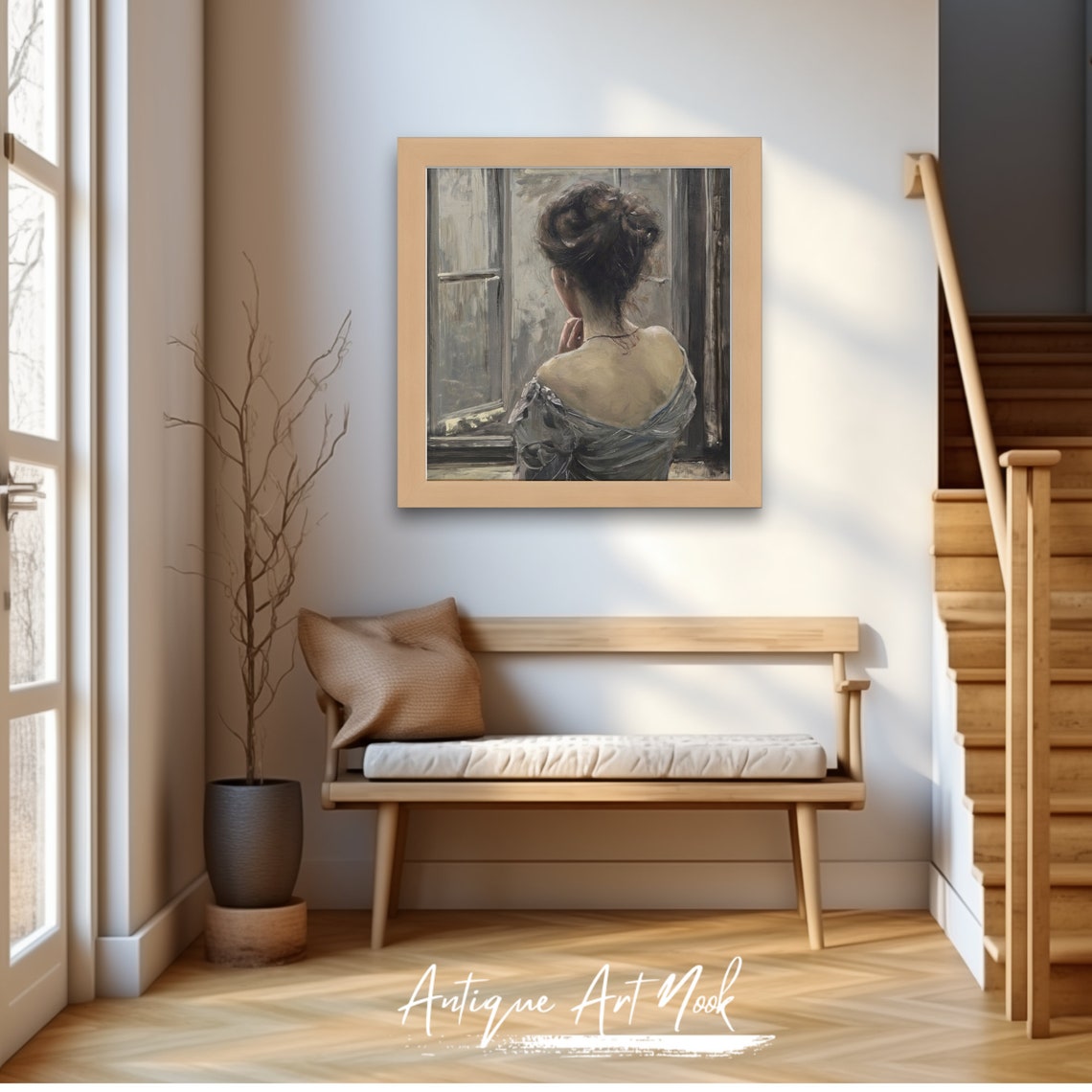Woman By Window Vintage Painting Antique Wall Art Woman In White Oil Painting Vintage Style Decor Moody - Image 2