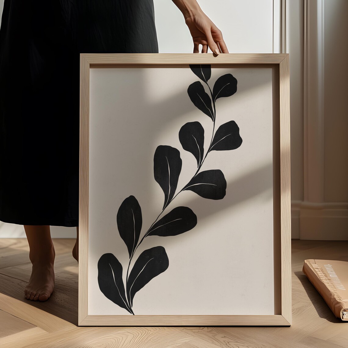 Abstract Botanical Print, Beige Black Japandi Art Print