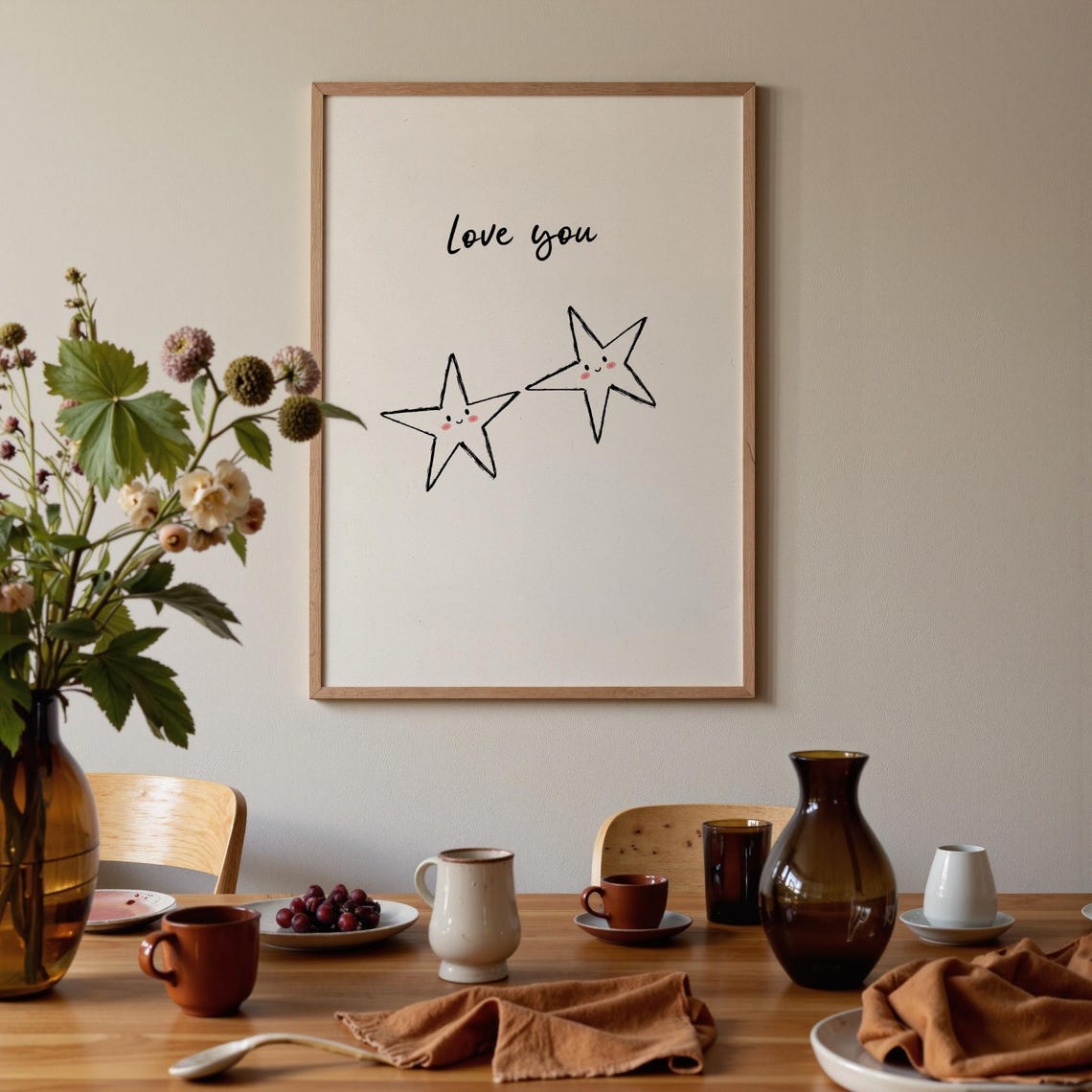 Love You Script Design With Two Cute Smiling Stars Romantic Poster