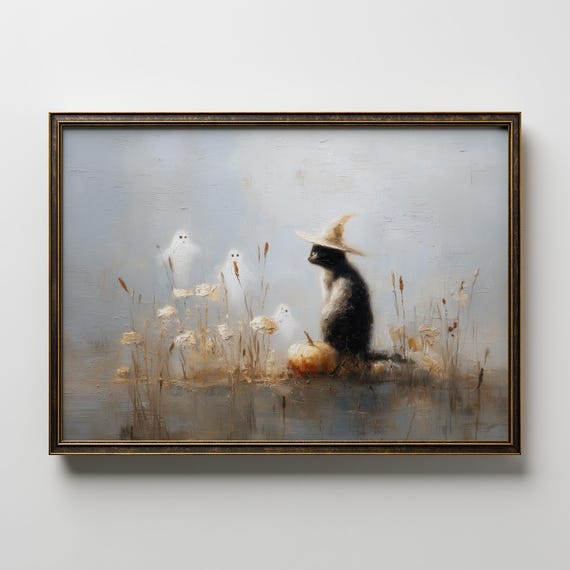 Black Cat Wall Art Halloween Print Witch Painting Spooky Artwork Pumpkin Decor Autumn Home Decoration