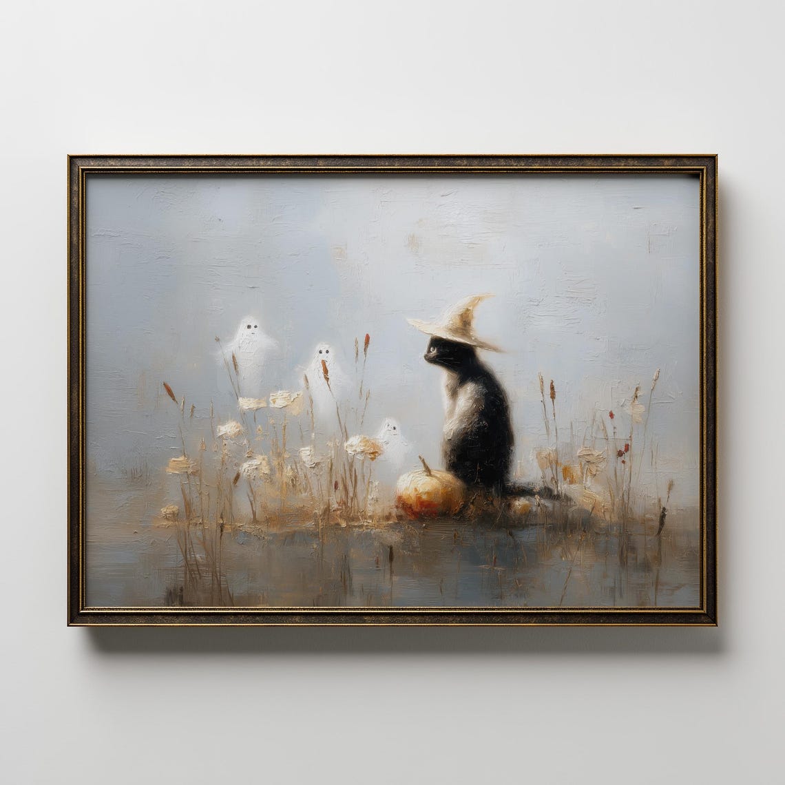 Black Cat Wall Art Halloween Print Witch Painting Spooky Artwork Pumpkin Decor Autumn Home Decoration