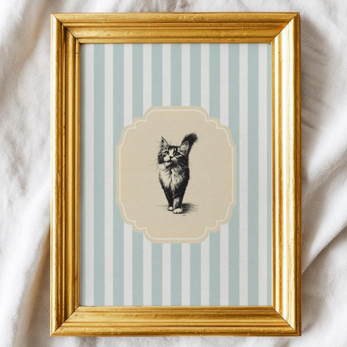 Vintage Blue Striped Cat Print with Cute Kitten Cameo Nursery Art