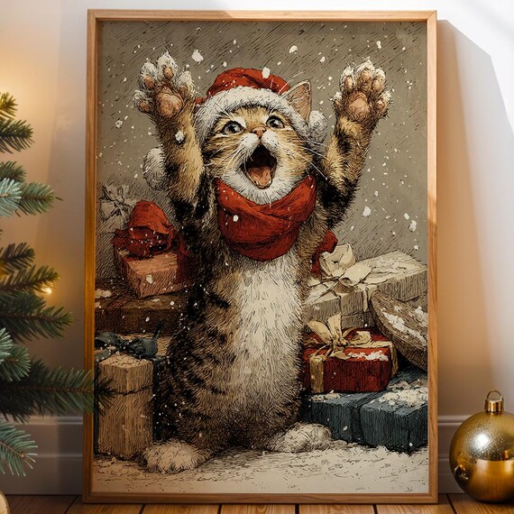 Christmas Cat in Santa Hat and Red Scarf Festive Vintage Art Poster