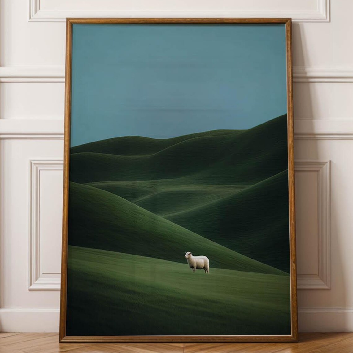 Lone Sheep Rolling Green Hills Minimalist Pasture Landscape Nature Print