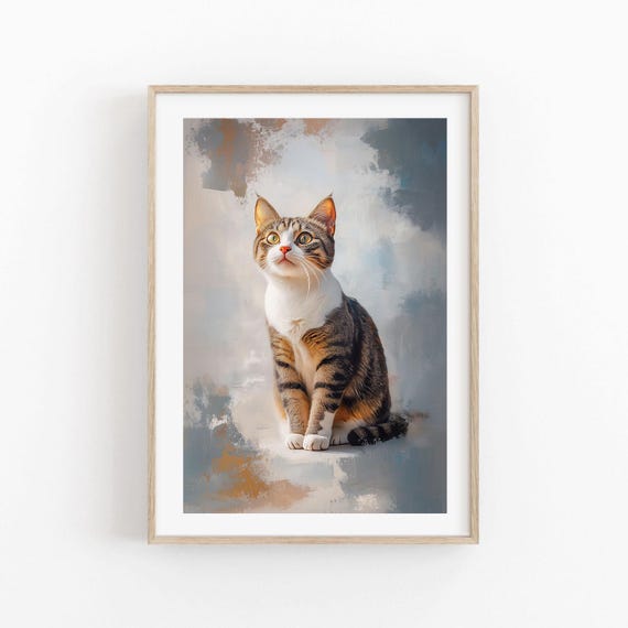 Tabby White Cat Painterly Portrait Blue Gray Dreamy Feline Poster