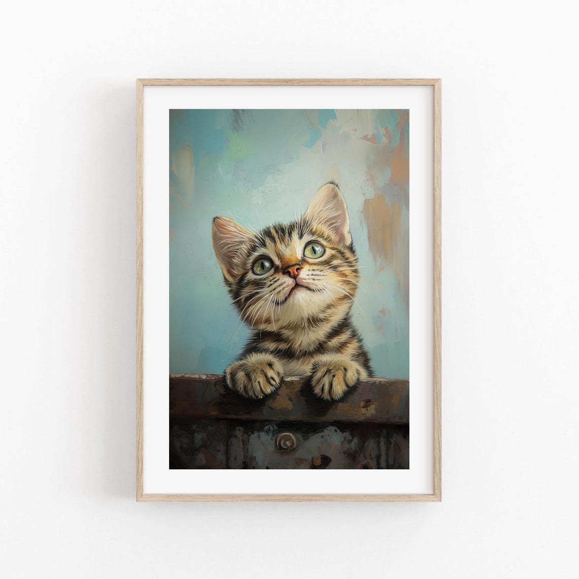 Curious Tabby Kitten Peeking Over a Ledge Pastel Painting Cat Poster
