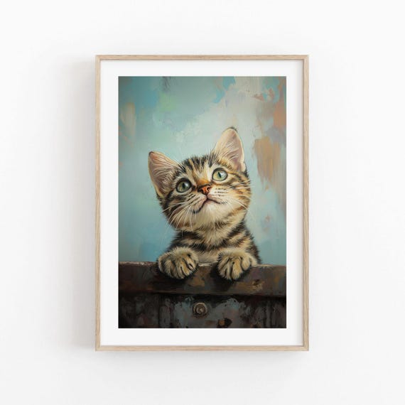 Curious Tabby Kitten Peeking Over a Ledge Pastel Painting Cat Poster