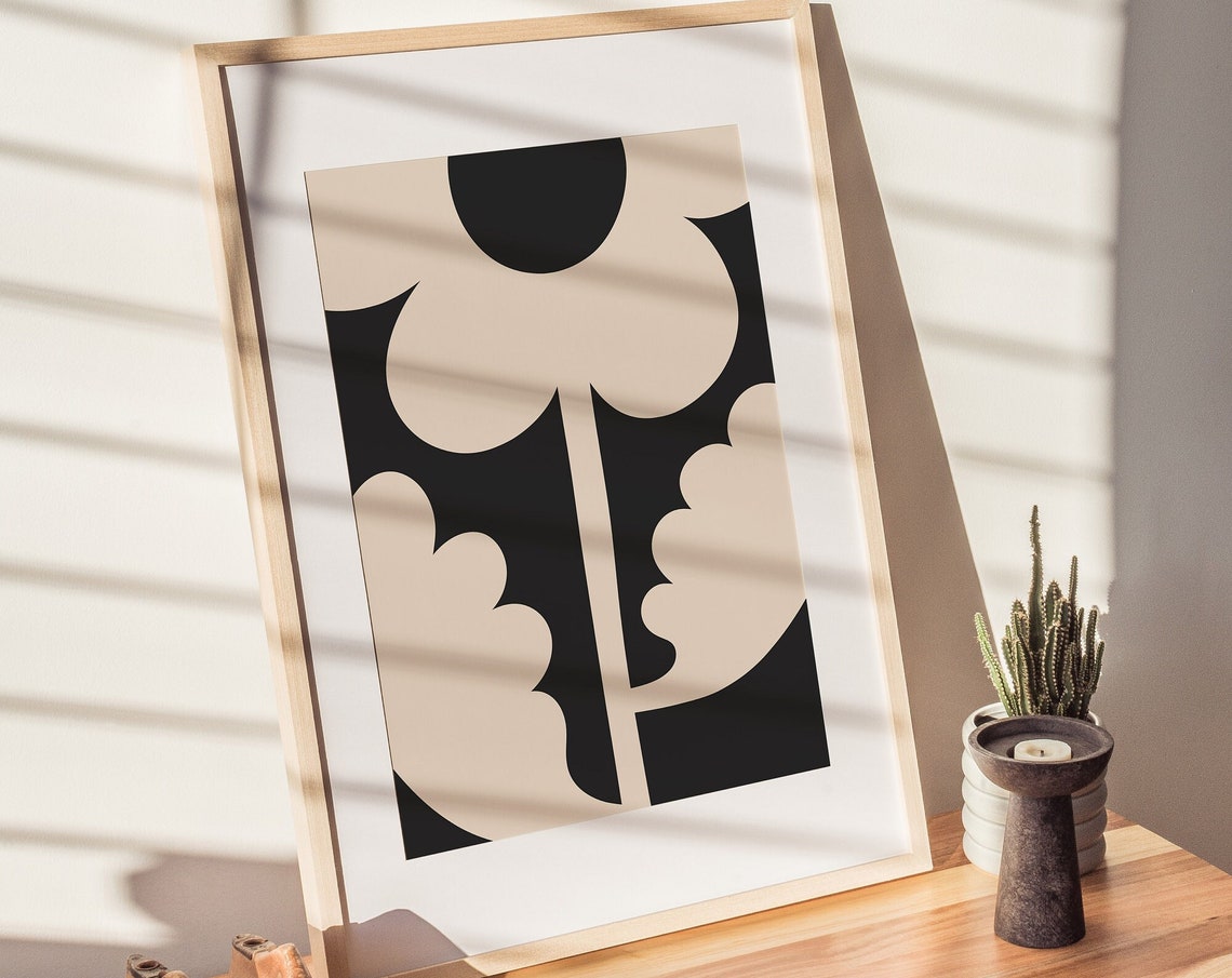 Abstract Beige Black Poppy Flower Shapes Moody Minimalist Wall Art