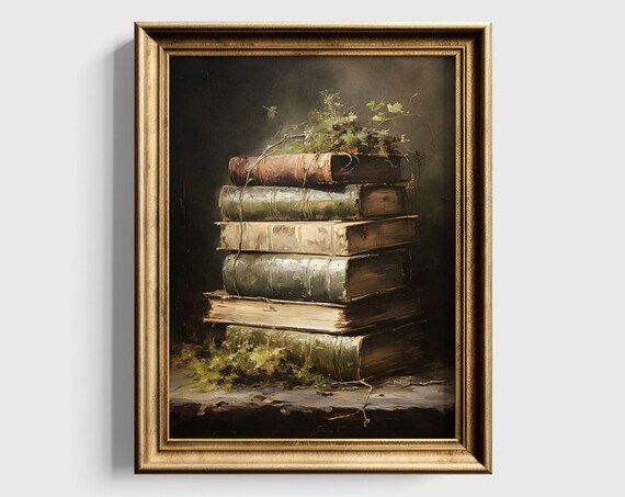 Vintage Stack of Old Books with Greenery Dark Academia Poster