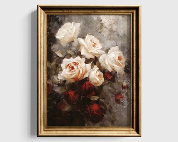 Floral Impasto Roses Art Print, Moody Botanical