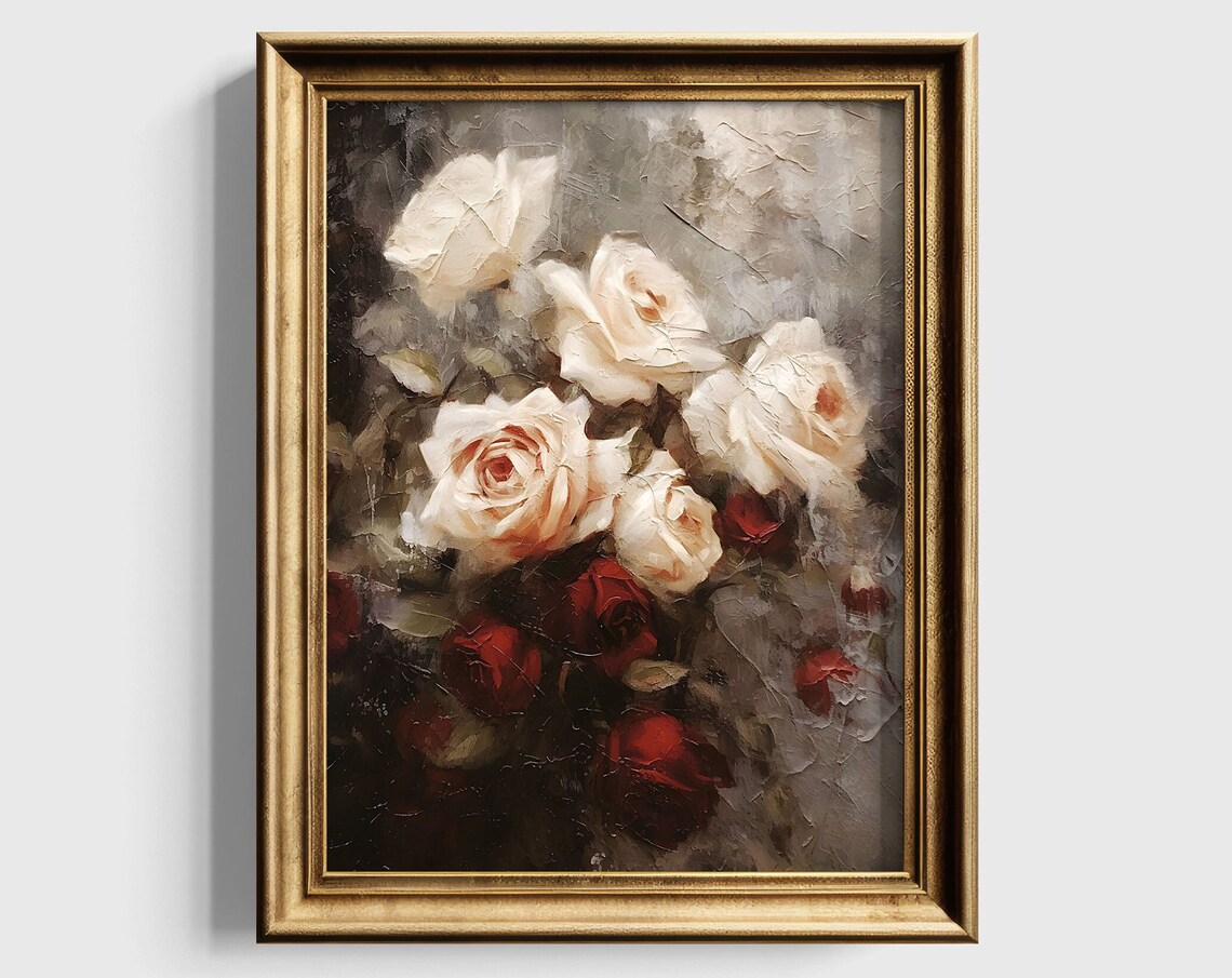 Floral Impasto Roses Art Print, Moody Botanical