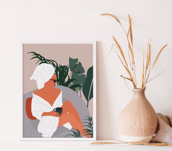 Modern Woman Wall Art Coffee Lover Gift Earthy Tone Print Abstract Female Print Mid Century Art Print Girl Print Boho Girl Wall Decor
