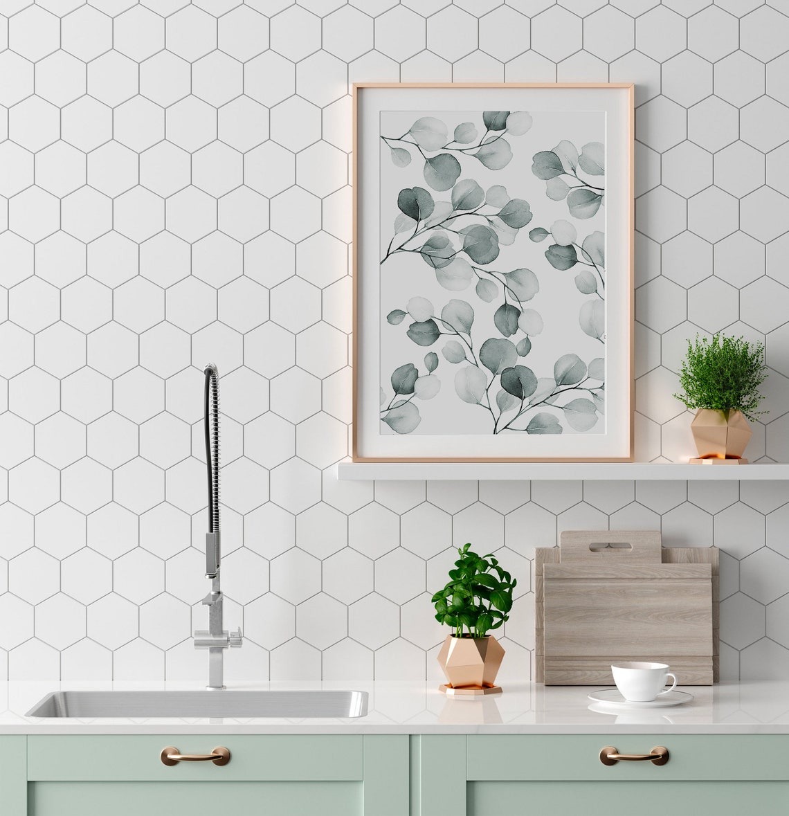 Green Eucalyptus Watercolor Leaves Botanical Kitchen Decor Poster