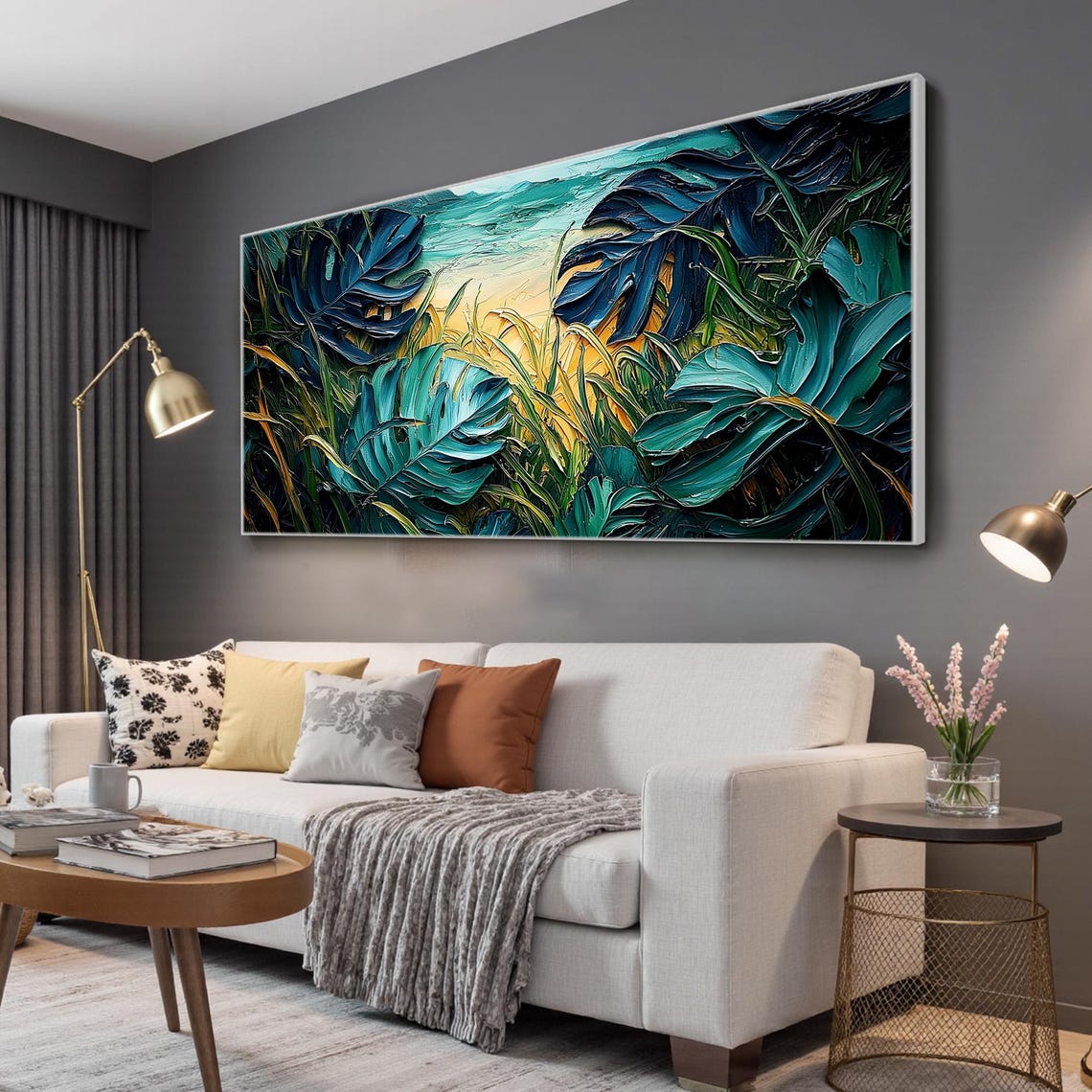 Tropical Monstera Leaf Beach Ocean View Impasto Textured Art Poster - Image 5