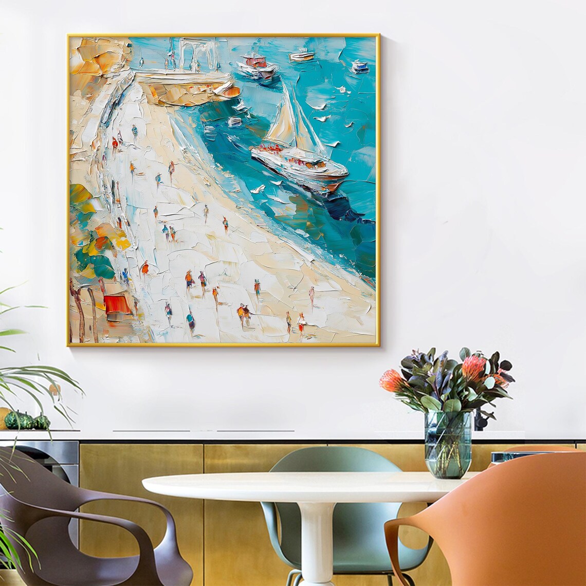 Mediterranean Coastal Town Sailboats Impasto Harbor Scene Art Poster - Image 4