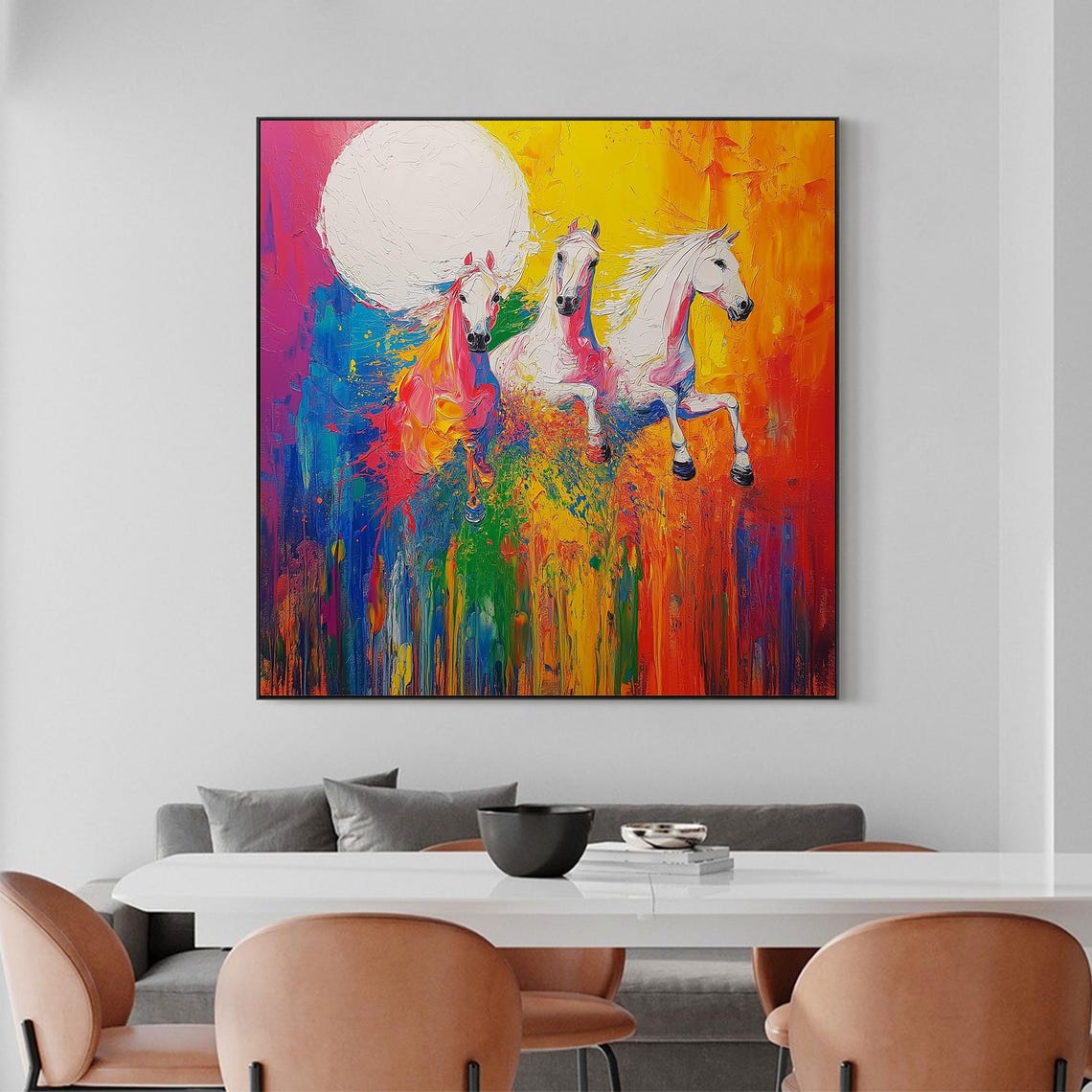 Three White Horses Galloping Rainbow Impasto Abstract Animal Poster - Image 3