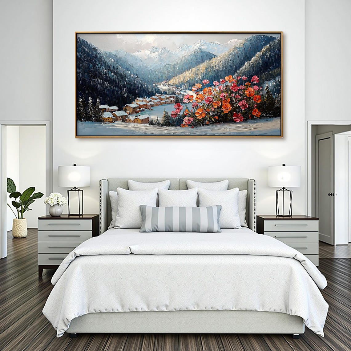 Snowy Alpine Village Pink Blossom Tree Winter Impasto Art Poster - Image 2