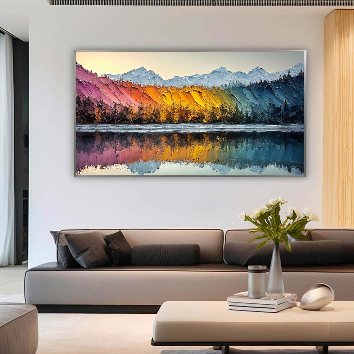 Colorful Rainbow Mountains Lake Reflection Impasto Nature Art Poster - Image 4