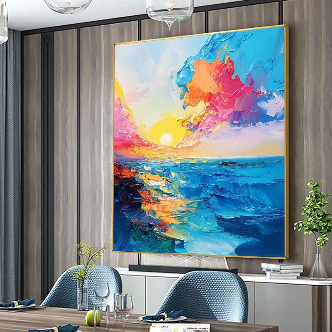 Ocean Sunrise Pink Clouds Blue Sea Impasto Colorful Seascape Poster - Image 5