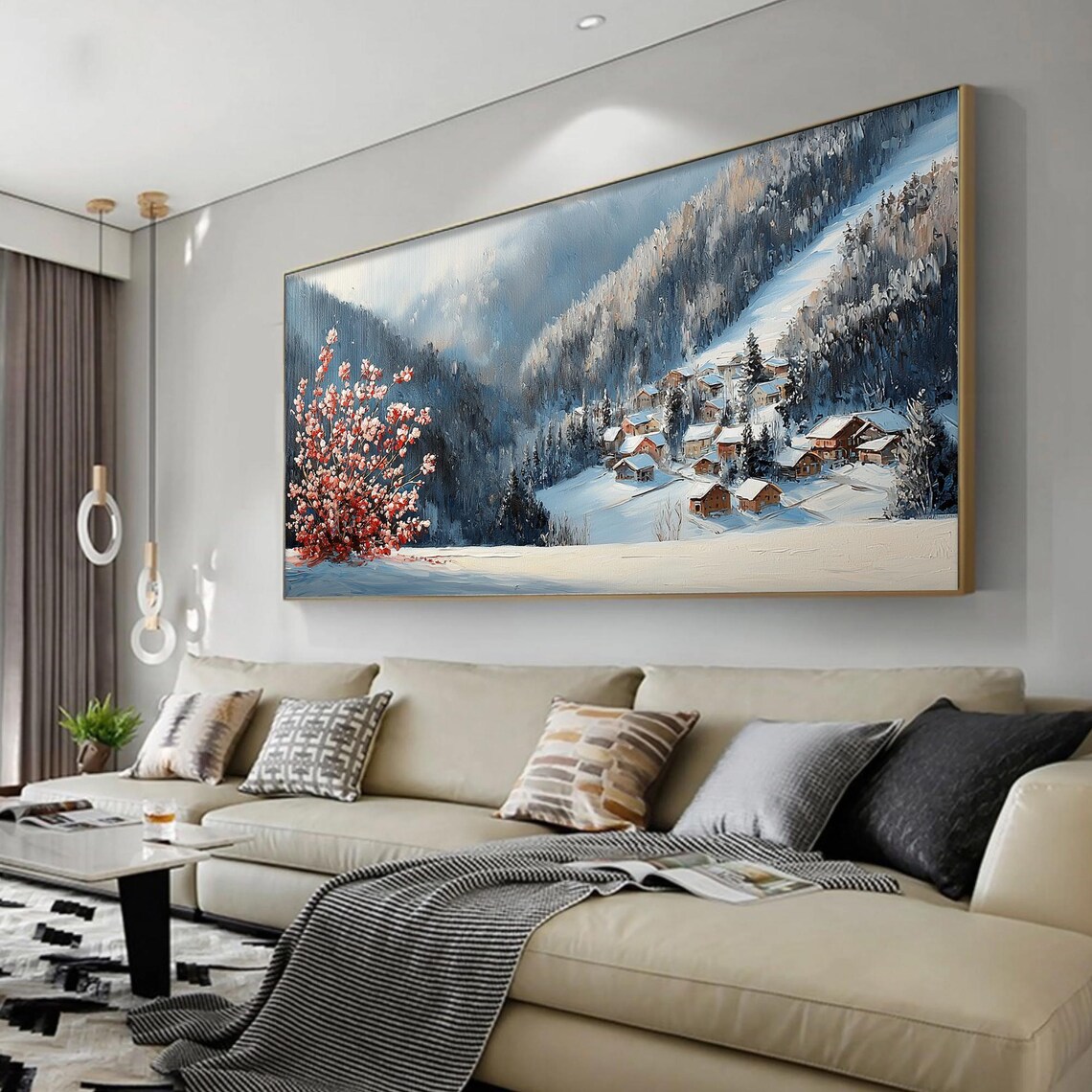 Snowy Village Pink Blossom Tree Winter Landscape Impasto Art Poster - Image 4