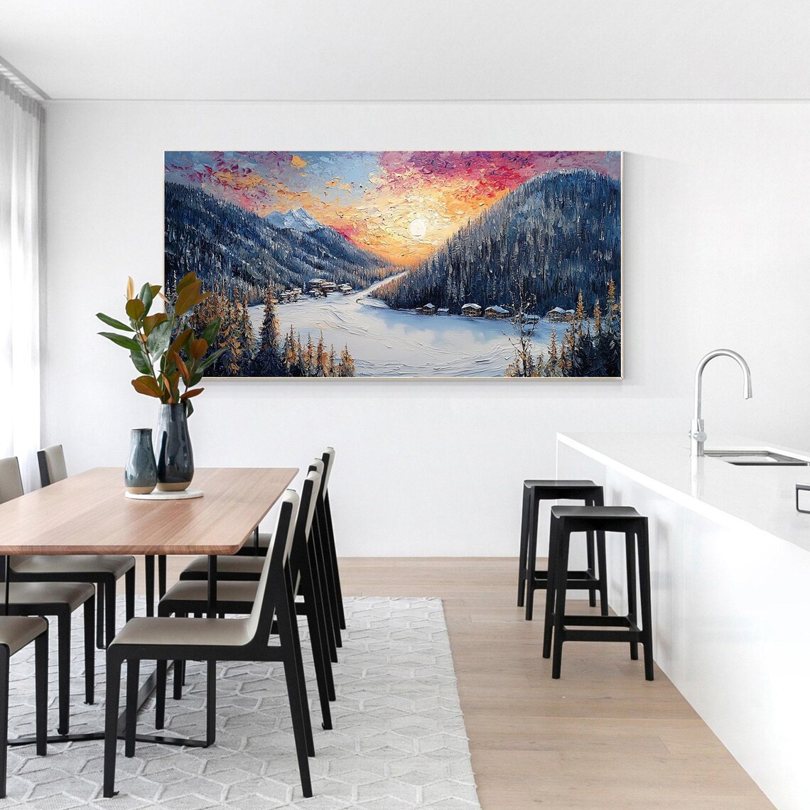 Winter Mountain Village Sunset Snow Cabins Pink Sky Art Poster - Image 2