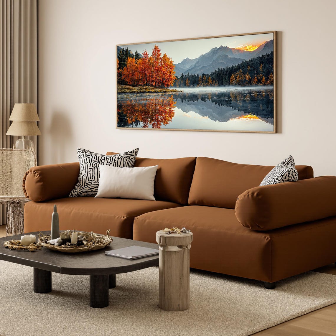 Autumn Mountain Lake Reflection Orange Trees Sunrise Art Poster - Image 4