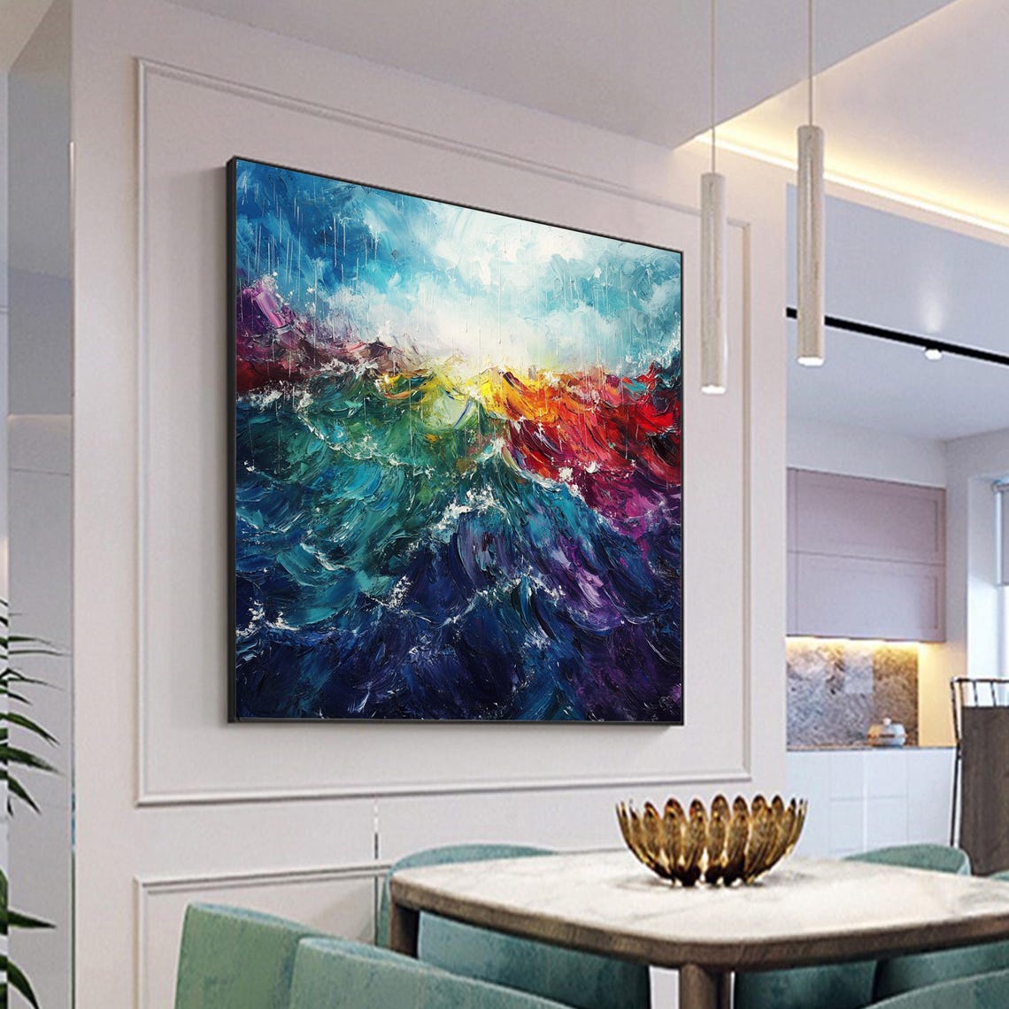 Colorful Rainbow Ocean Waves Abstract Impasto Seascape Art Poster - Image 3