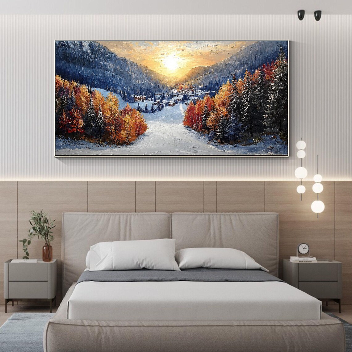 Golden Larch Valley Snow Village Sunset Impasto Winter Art Poster - Image 2