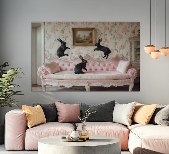 Cute Black Rabbits Jumping On Pink Vintage Sofa Nursery Wall Art