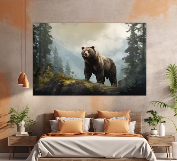 Brown Bear Standing On Forest Cliff Misty Mountain View Wall Art