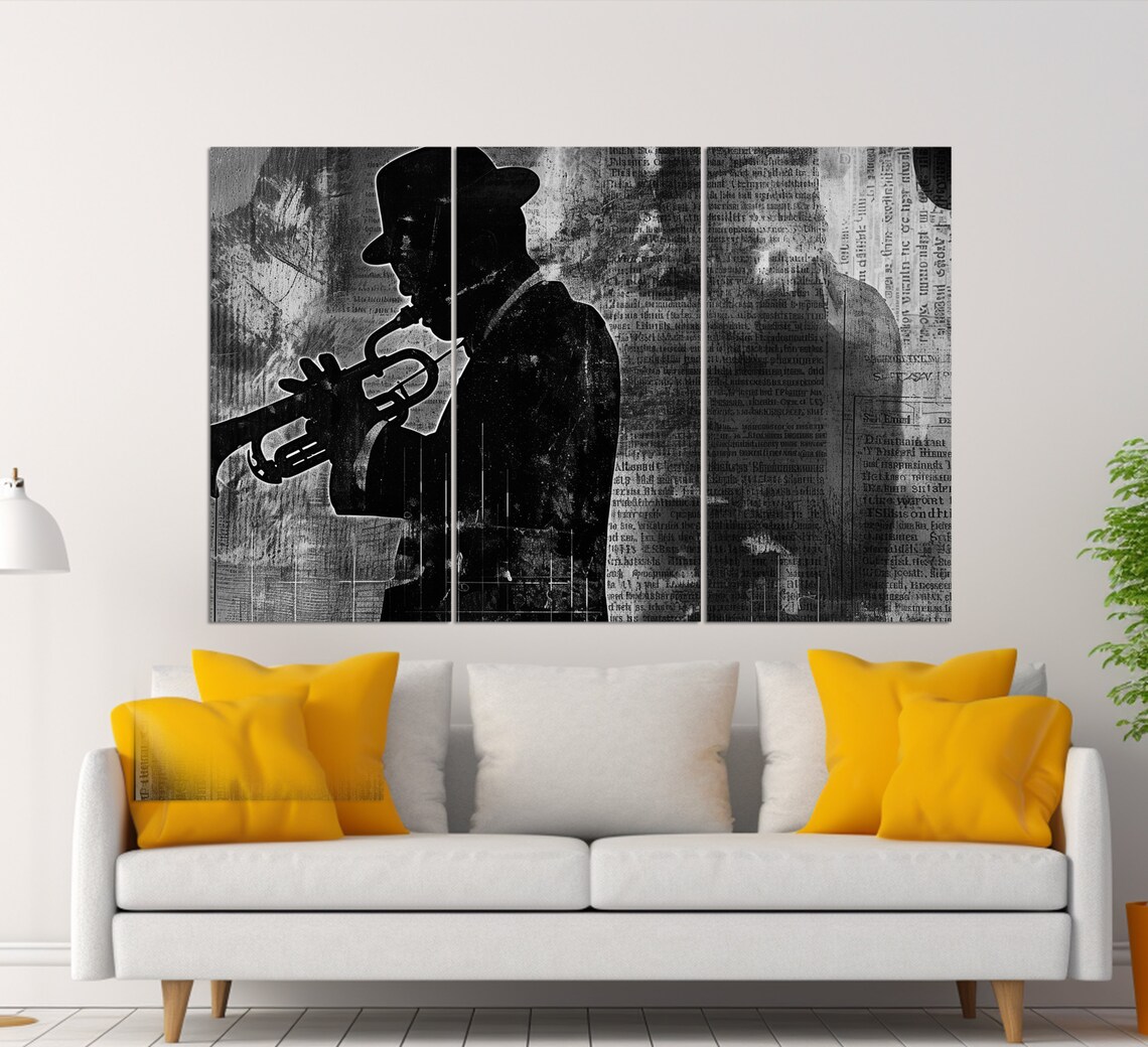 Jazz Trumpeter Silhouette Green Newspaper Collage Music Club Wall Art Poster - Image 2
