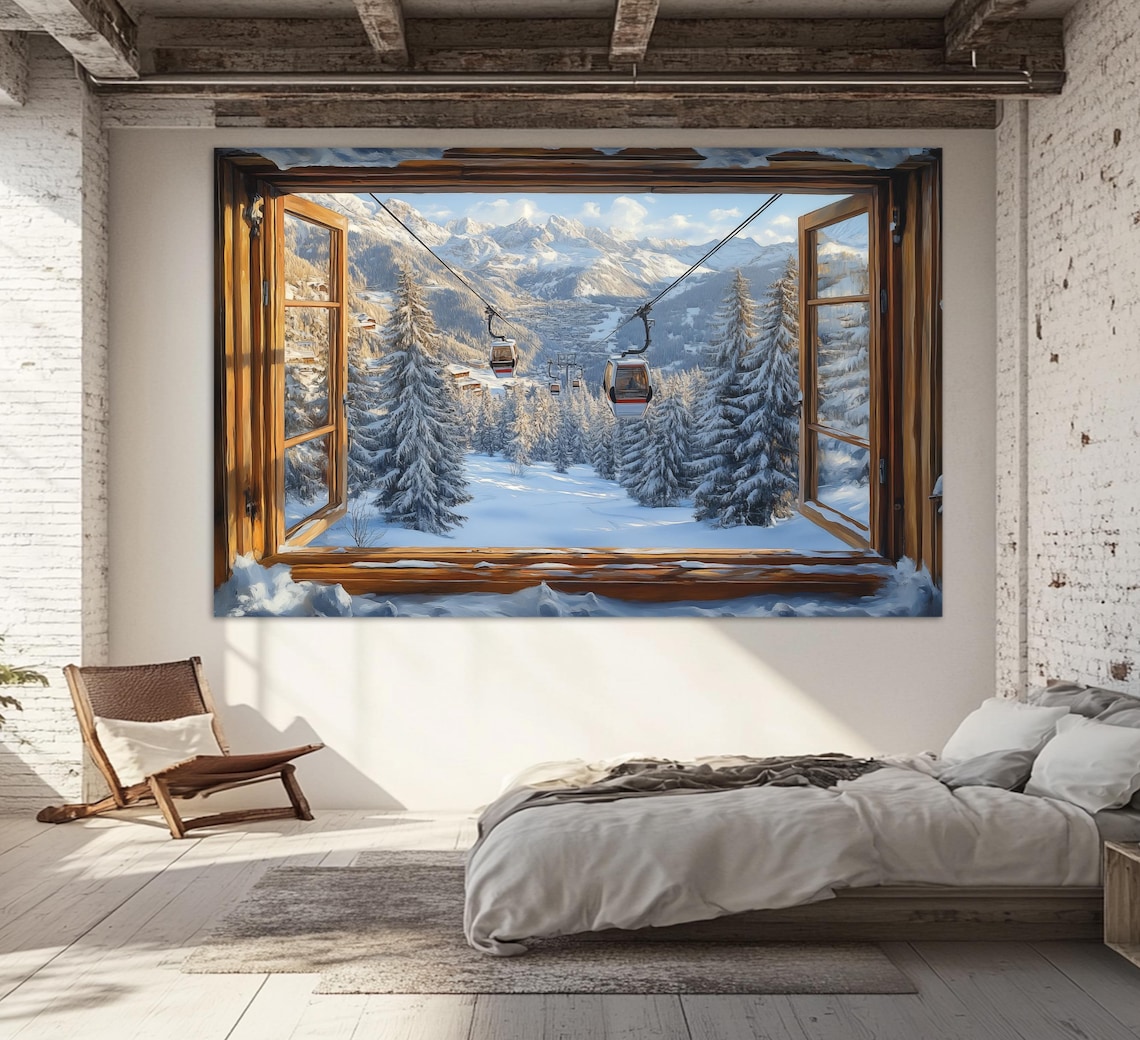 Window To Winter Landscape With Ski Lift, Art Print - Image 2