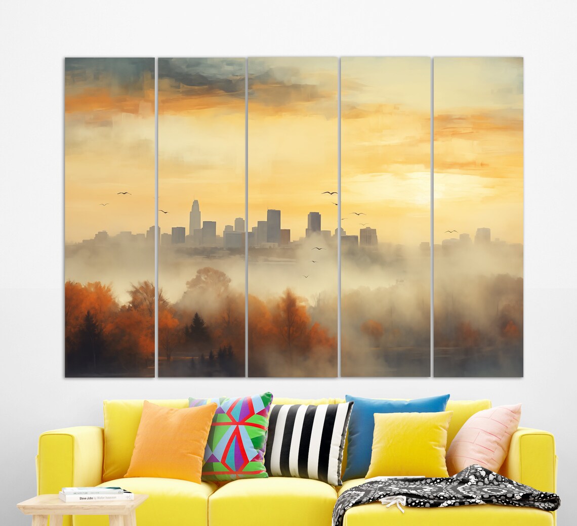 City Skyline Sunrise Misty Fog Abstract Autumn Trees Golden Sky Poster - Image 4