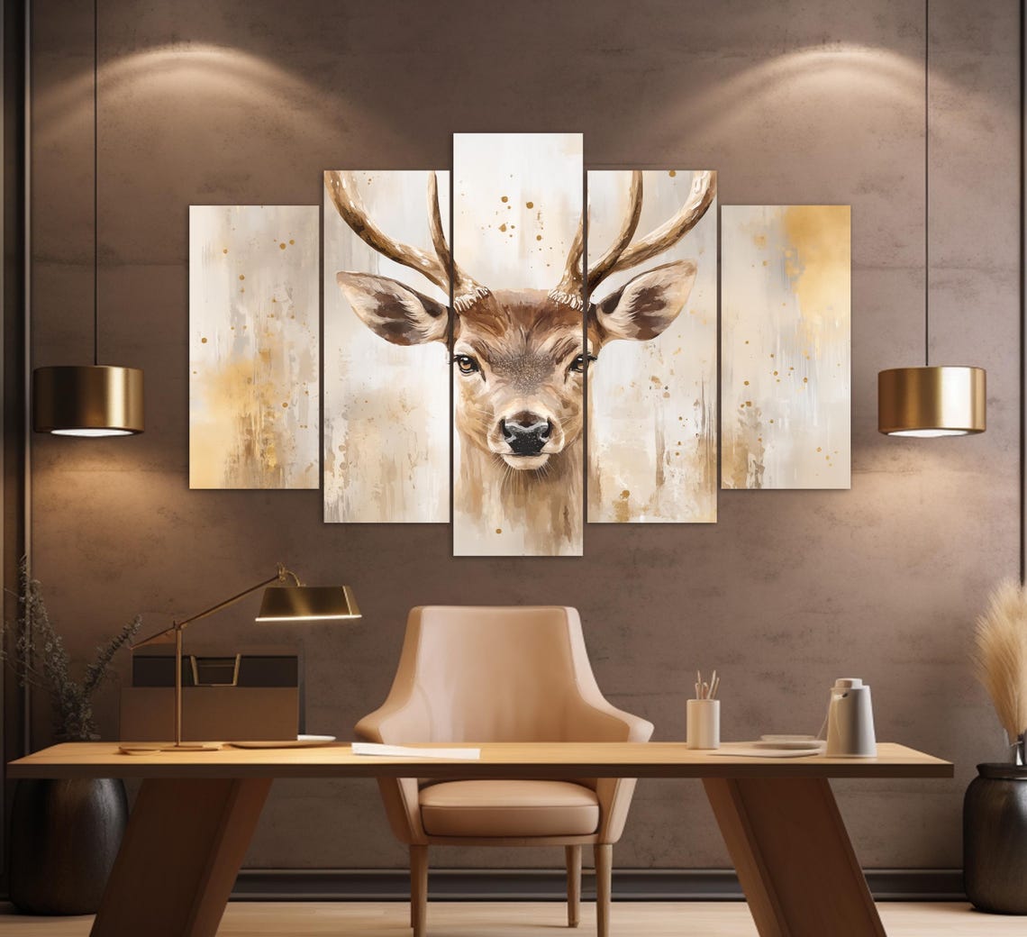 Deer Stag Head Portrait Soft Beige Gold Painted Rustic Wildlife Print - Image 3