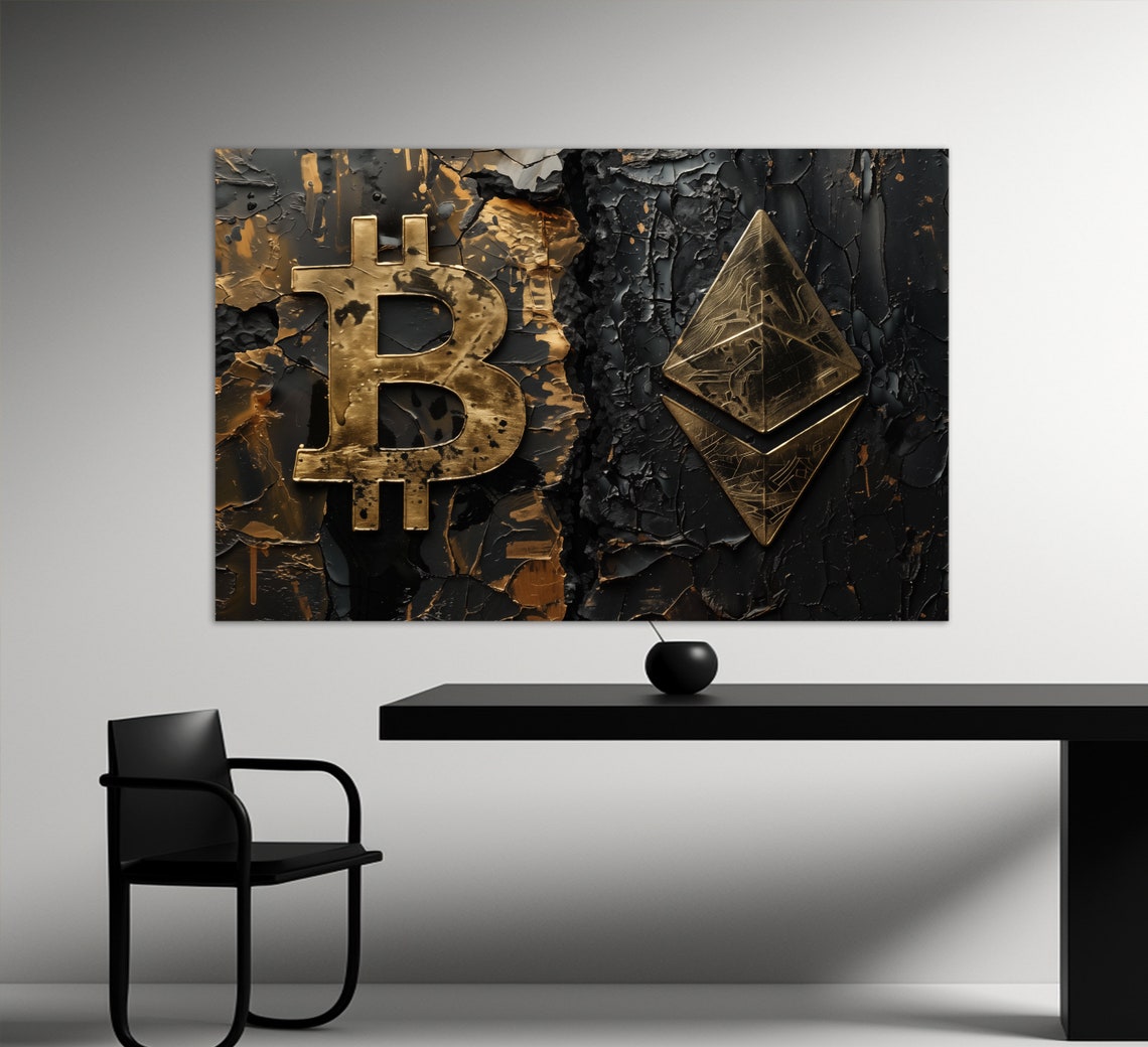Bitcoin Ethereum Gold Crypto Symbols On Black Textured Wall Art