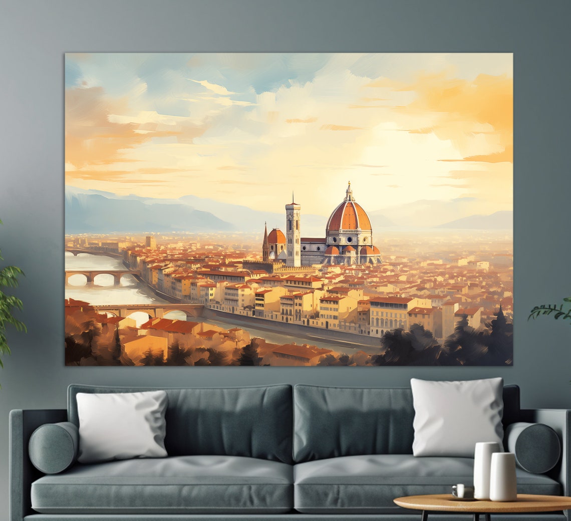 Florence Italy Skyline Duomo Red Dome Arno River Sunset Travel Poster