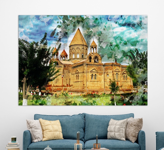 Etchmiadzin Cathedral Armenia Stone Domes Garden Watercolor Poster