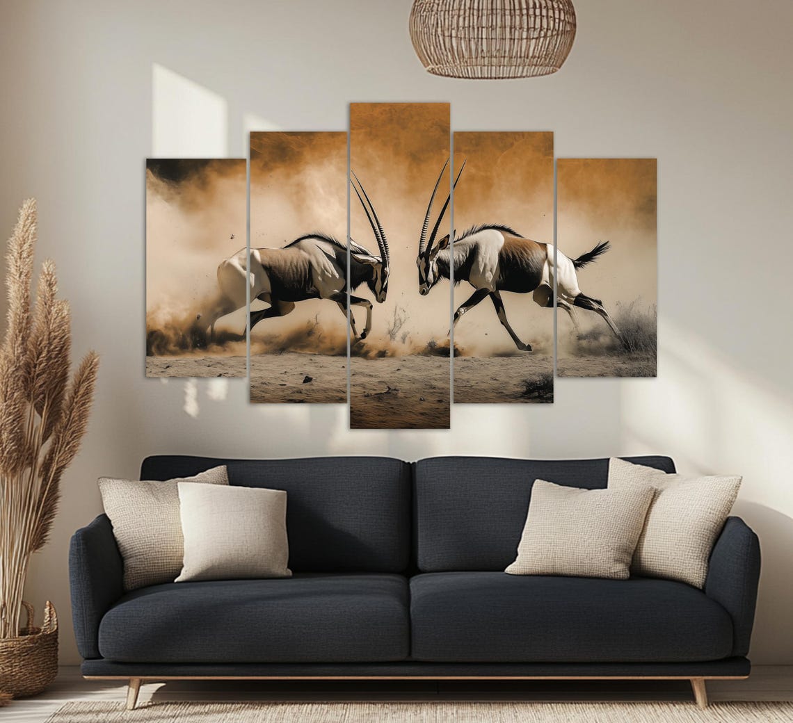 Two Oryx Antelopes Fighting Horns Locked Dusty Savanna Art Poster - Image 2