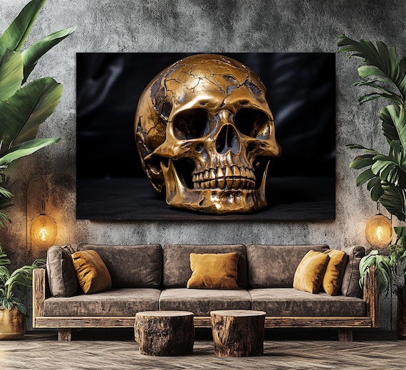 Cracked Bronze Gold Skull Gothic Dark Sculpture Photography Wall Art Print