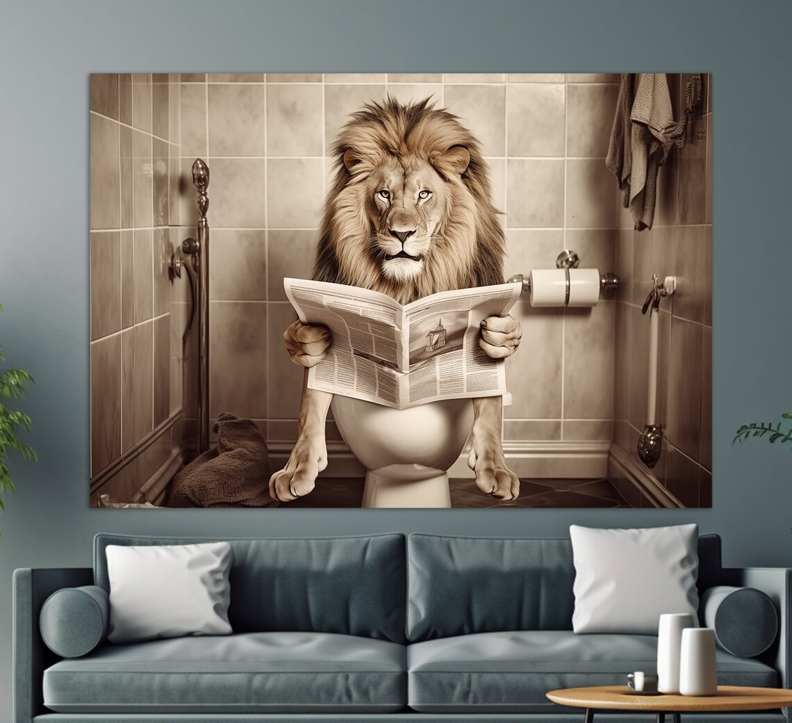 Funny Lion Reading Newspaper on Toilet Sepia Bathroom Humor Wall Art Print