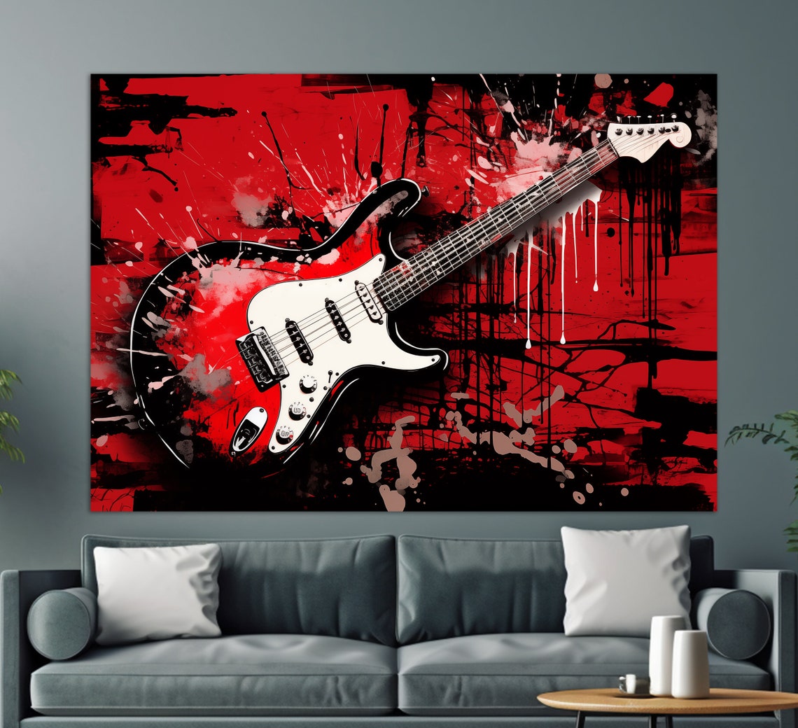 Electric Guitar Grunge Red Black Splatter Rock Music Lover Art Poster
