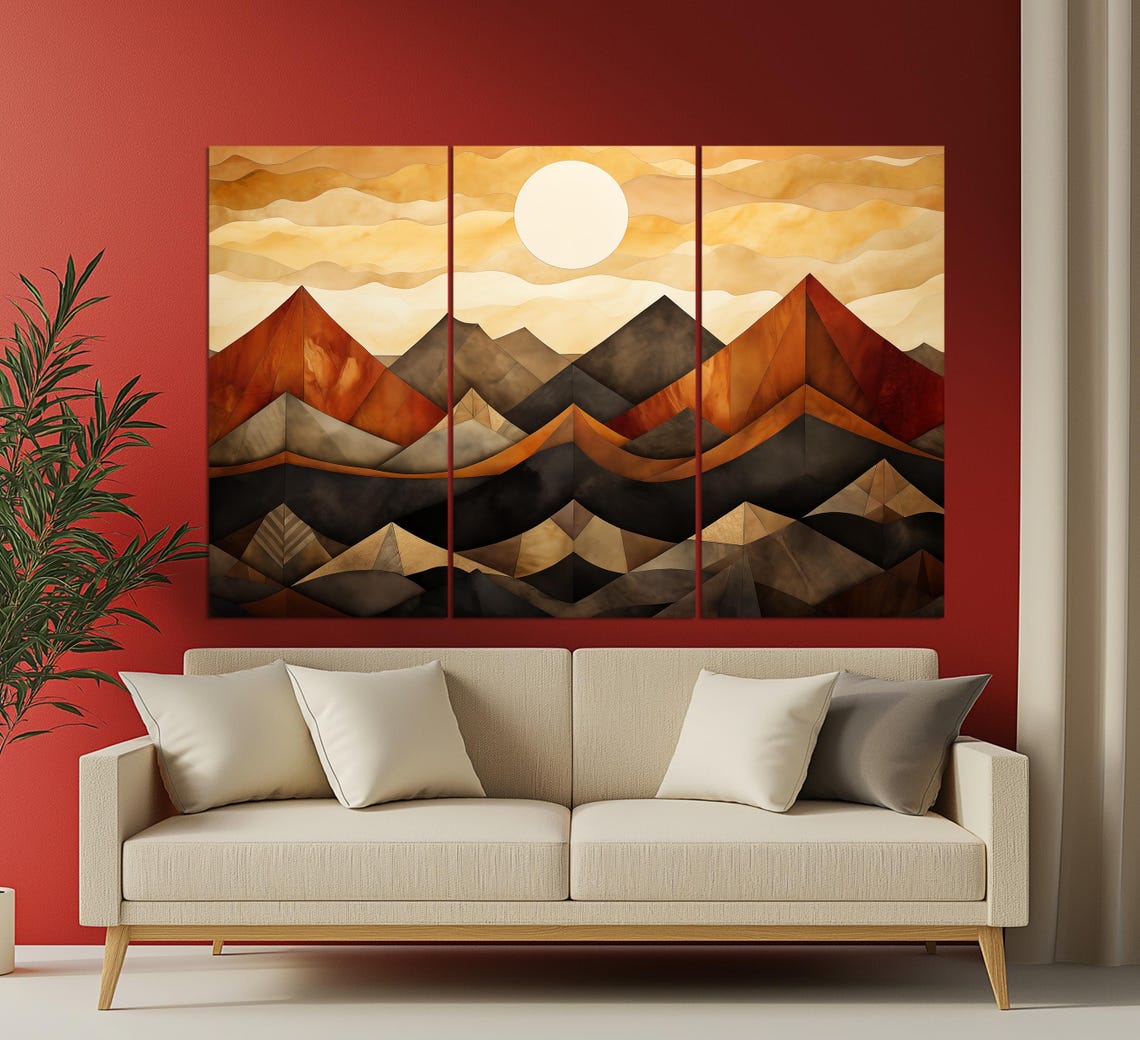 Boho Wall Art Boho Sun Over Mountains Painting Minimalist Print Geometric Minimalist Wall Decor Boho Art - Image 3