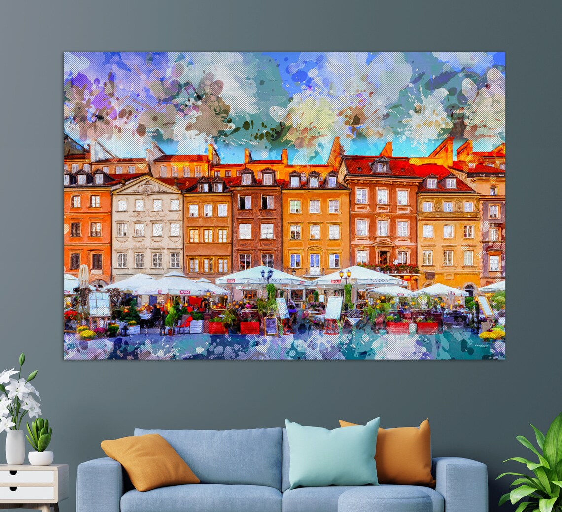 Warsaw Poland Old Town Square Watercolor Colorful Houses Travel Poster - Image 2