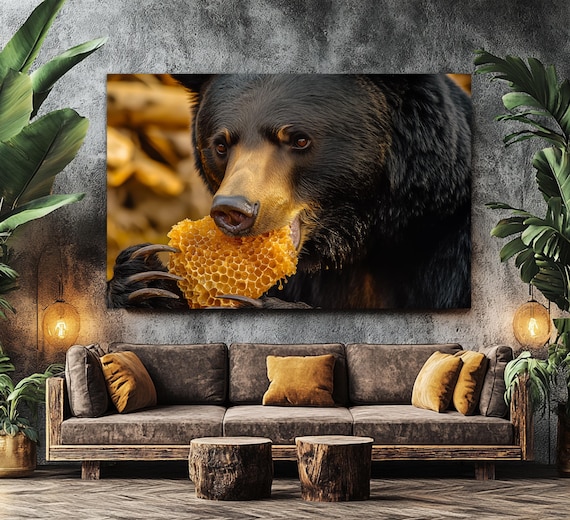 Black Bear Eating Golden Honeycomb Wildlife Close Up Dramatic Art Poster